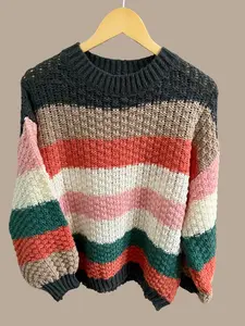 Color-Block Striped Chunky Knit Sweater