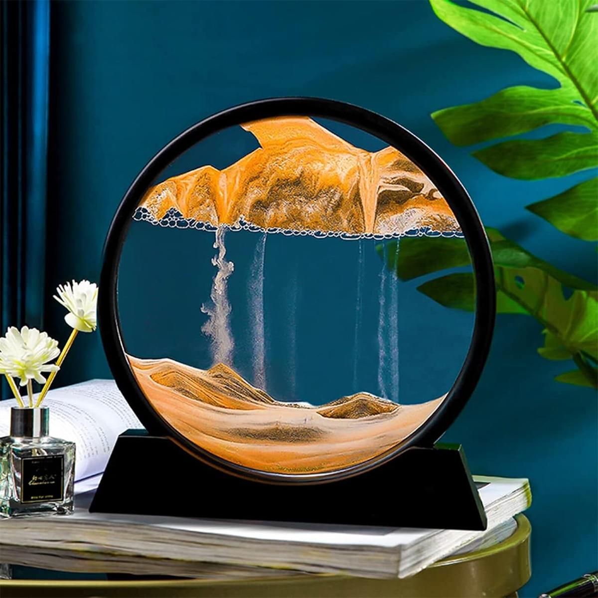 Moving Sand Art Liquid Motion – 3D Deep Sea Sandscape Picture, Round Glass Frame Display, Flowing Sand Relaxing Toy for Desktop, Home Office Decor