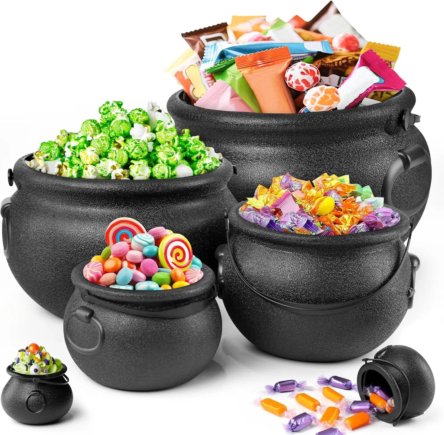 Halloween Decorations - 6 in 1 Package Large Black Plastic Witches Cauldron - Cauldron Candy Bowl - Trick or  - Cauldron Pot for Indoor Outdoor Party Table Decor