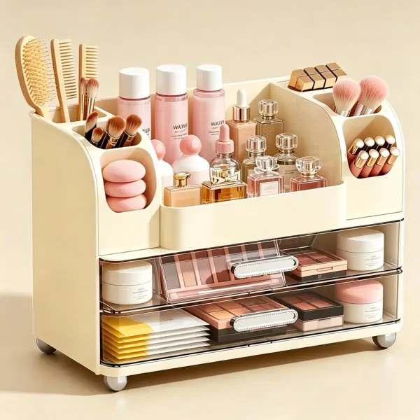 Large Capacity Countertop Makeup Storage Organizer with 2 Drawers and Brush Holder – Made of Durable ABS – Skincare & Cosmetic Storage Stand for Vanity, Dresser, Bathroom Counter – Holds Makeup, Brushes, Perfume, Skincare, Hair Tools, Gift for Girls