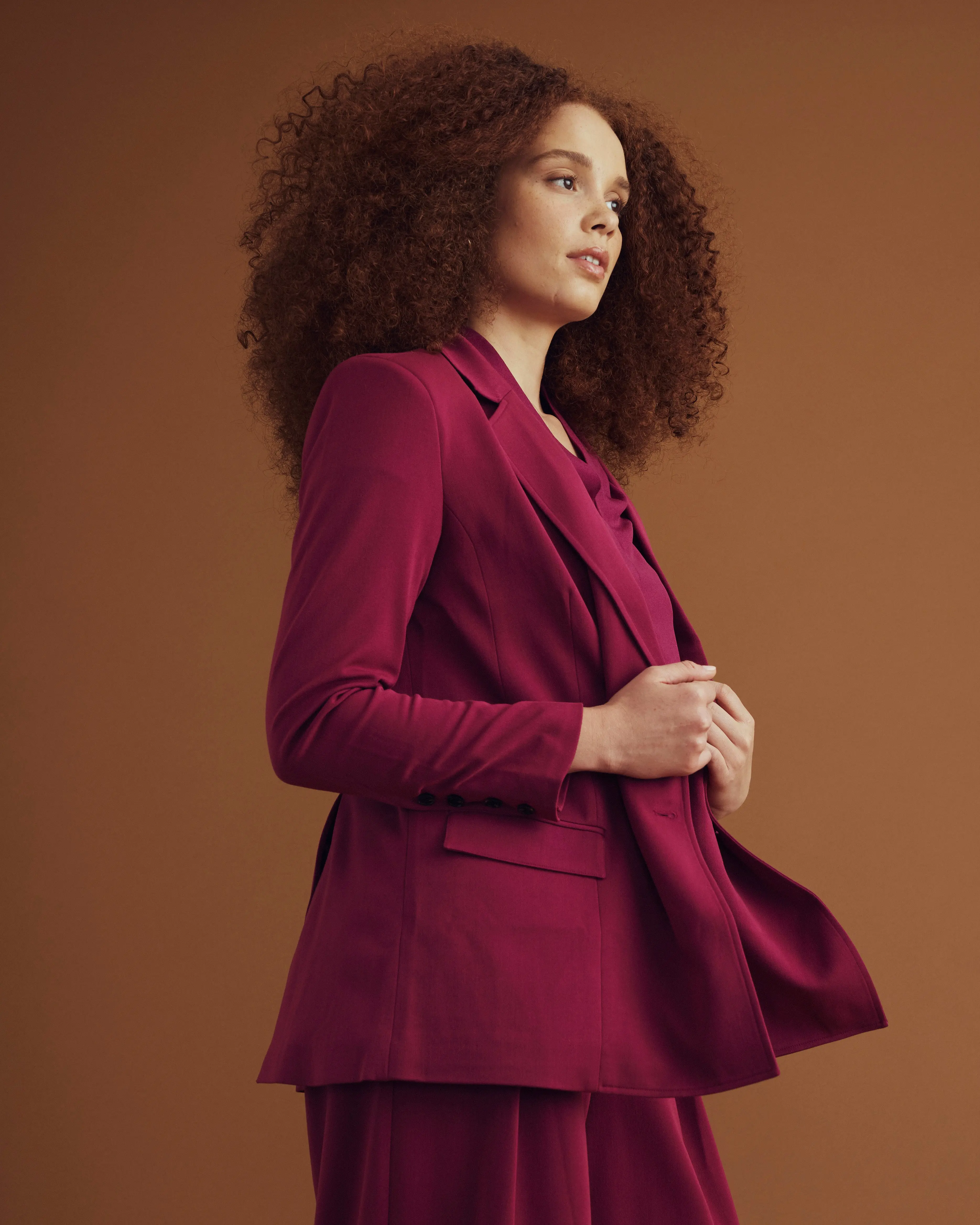 Women's Soft Double-Breasted Goji Berry Blazer, Tailored Long-Sleeve Workwear Suit Jacket with Shaped Waist & Stretch Viscose Blend, Polyester, Business, Elastane, Office Ootd