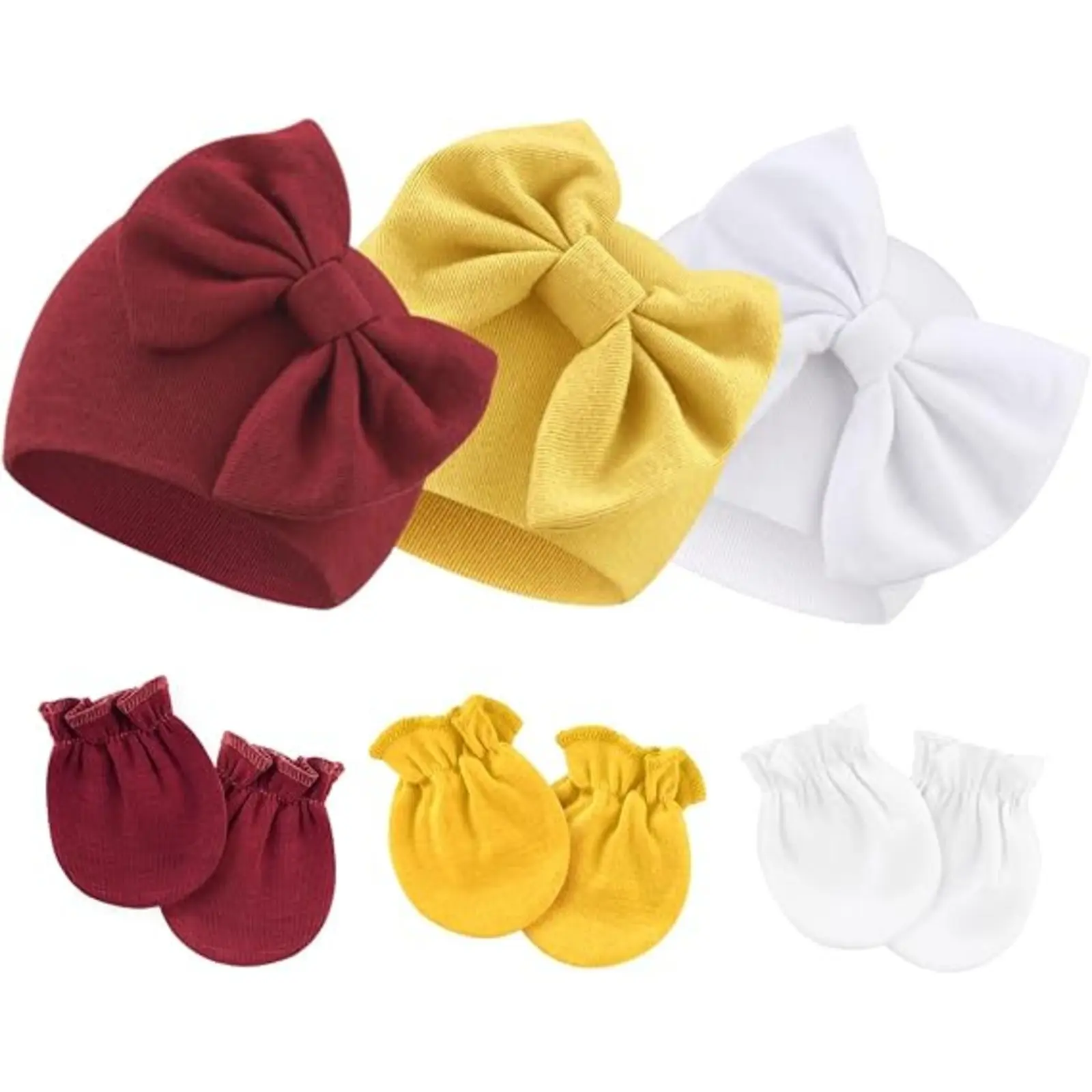 Newborn Baby Hats and Mittens Set Infant Bow Beanie Cap Toddler Gloves Newborn Hospital Hats for Baby Boy Girl Kid 0-6 Months
