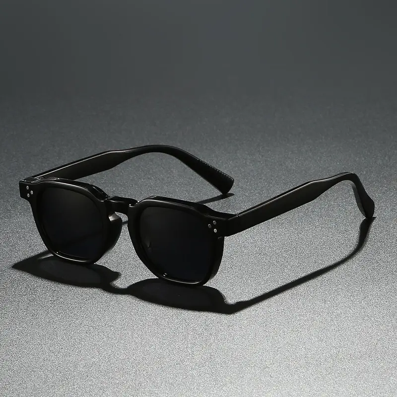 Men's Vintage Square Sunglasses Frames - Black Acetate, Rivet-Detailed Temples, Dark Tinted Lenses, Rimless-Inspired Trendy Shades, Men's Fashion Accessory Mens Gifts