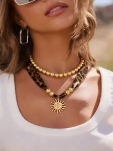 Women's Vintage Leopard Print Denim Fabric Necklace Set, Fashion Trendy Sunflower Pendant Chain, Party Gift, Dainty Choker Necklace