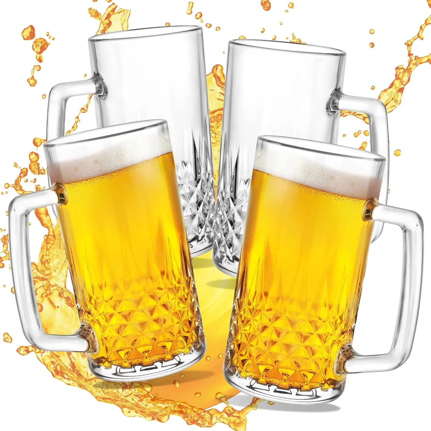 20 oz Large Heavy Glass Beer Mugs Set of 4 with Handles, Freezer Safe Clear Lead-Free Beer Steins for Tea Coffee, Oktoberfest Style Best Gifts for Dad Husband Friend
