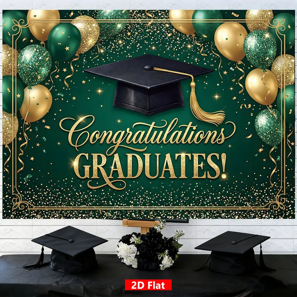 Graduation & Grad Celebration Backdrop – Green Gold Caps Tapestry, Wall Hanging, Photography Background, Polyester HD Print, Party, Home, Outdoor, Event Decor