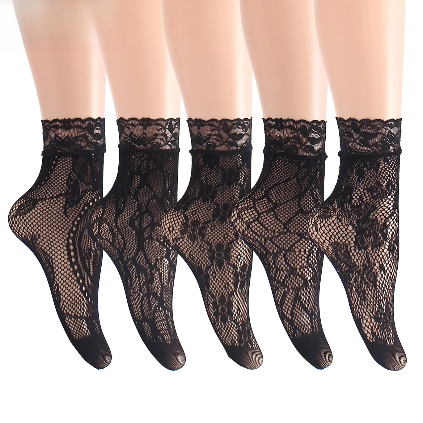Women's Short Fishnet Ankle Socks - Sheer Lace Trim Cuffs, Jacquard Mesh Socks (Set), Anklesocks, Sheer Lace Socks
