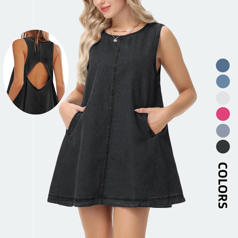 Women's Denim Cotton Babydoll Mini Dress - Sleeveless, Crew Neck, Vintage 60S A-Line, Cutout Design, Zipper Front, Side Pockets, Solid Short Length Casual Wear, Polyester-Blend Fabric, Hand Wash Only, Line Dry