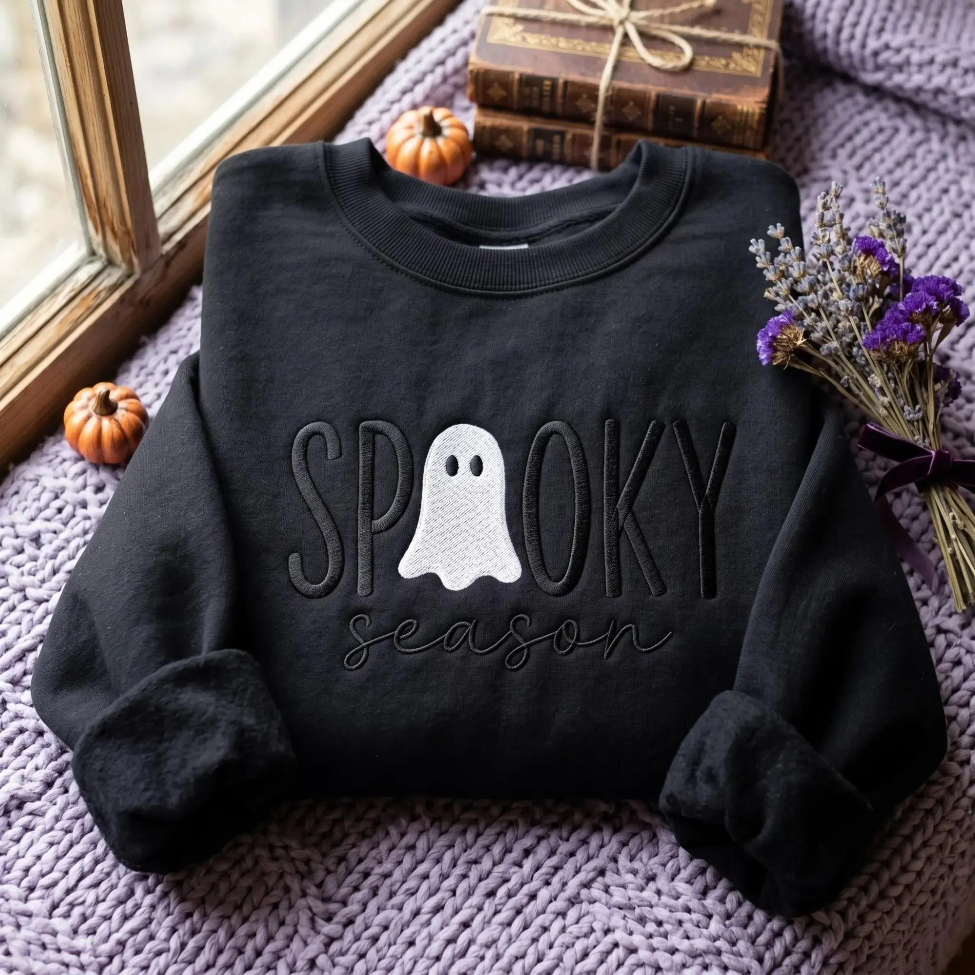 Women's Embroidered Spooky Season Hoodie - Halloween Fall Casual Wear, Comfortable Long Sleeve Round Neck Sweatshirt