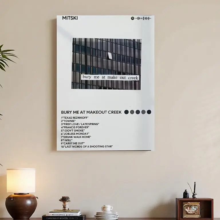 1pc Framed Mitski "Bury Me at Makeout Creek" Graphic Album Cover Glossy Canvas Art Print - Multi-Size 12 x 18 Inches Modern Wooden Frame, Decorative Warm Cozy House Wall Art - Ideal Christmas Gift for Music Enthusiasts