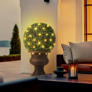 Set of 2 Pre-Lit Artificial Boxwood Topiary Balls with Pot, 20 Inch Realistic Faux Plants Built-in 50 LED Lights, 8 Lighting Modes with Remote Control, UV Resistant Fake Greenery for Indoor Outdoor Home Wedding Christmas Decor
