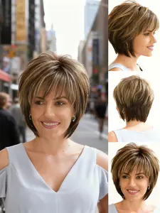 1pcs Elegant Gradient Golden Brown Women's Wig, Pixie Cut Wig, 10 Inch Short Layered Straight Hair with Bangs, Easy Maintenance, Perfect for Daily and Party Halloween Costume