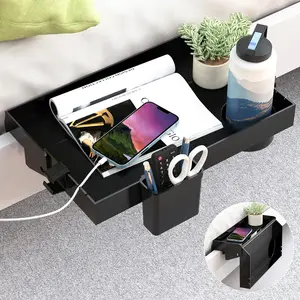 Bedside Shelf, Foldable Bunk Bed Shelf Clip On Nightstand Tray College Dorm Room Essential Table Caddy with Cup & Cord Holder for Top Bunk Organizer Bedroom, Normal Size, Black