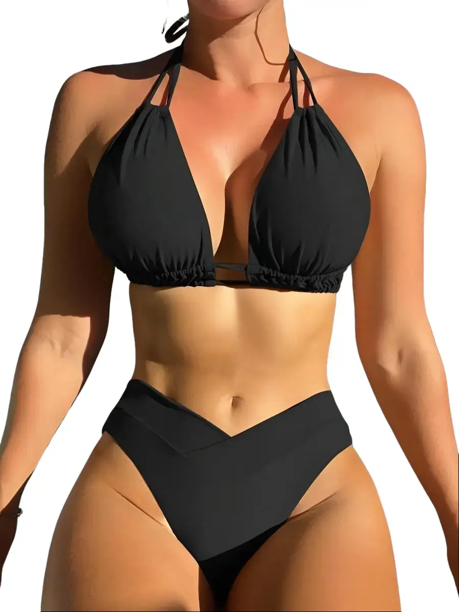 CALI CHIC Women's 2-Piece Bikini Set, Classic Black Halter Neck, Removable Padded, Tie Back, V-Cut Full Coverage Bottom, Elastane Fabric, Anti-Odour, Size 8-10, Spring Break & Beach Outings, Women 2 Set, Swimsuits, Bikini Sets