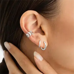 ChicSilver Non Piercing Stackable Leaf Ear Cuff Earrings 925 Sterling Silver Dainty High Polished Daily Casual Clip on Cartilage Ear Cuff Earrings for Women