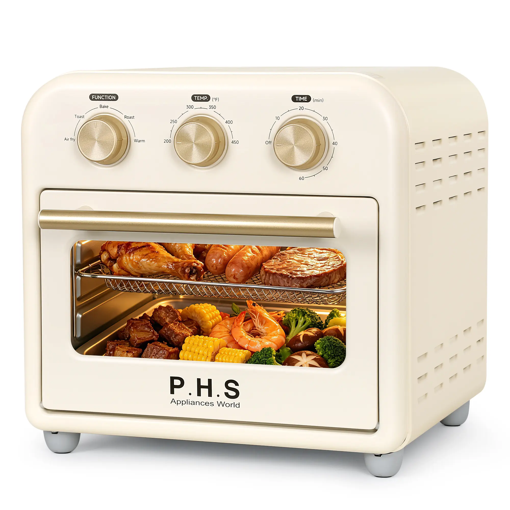P.H.S Cream Compact Retro 2-in-1 Air Fryer Oven, Hot Air Convection Heating, 3 Control Knobs, Multi-Function Countertop Oven for Home Baking, Ideal Seasonal Gift