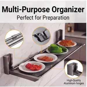 Foldable Wall Mount Kitchen Prep Shelf | Renter Friendly Damage-Free Collapsible Storage Organizer, Space Saving Fold Down Dish Rack For Cooking Prep, Serving Plates & Kitchen Dinnerware Storage