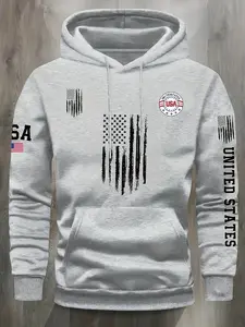 Unisex Vintage American Flag Print Hoodie, Casual Fitted Sweatshirt for Independence Day, Street Style Patriotic Clothing