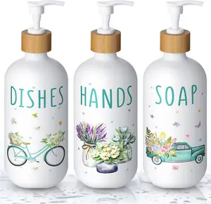 3 Pcs Spring Soap Dispenser Set 16 oz Flower Truck Dish and Hands Soap Dispenser with Bamboo Pump White Glass Hand Soap Dispenser for Bathroom Kitchen Counter Modern Farmhouse Decorations