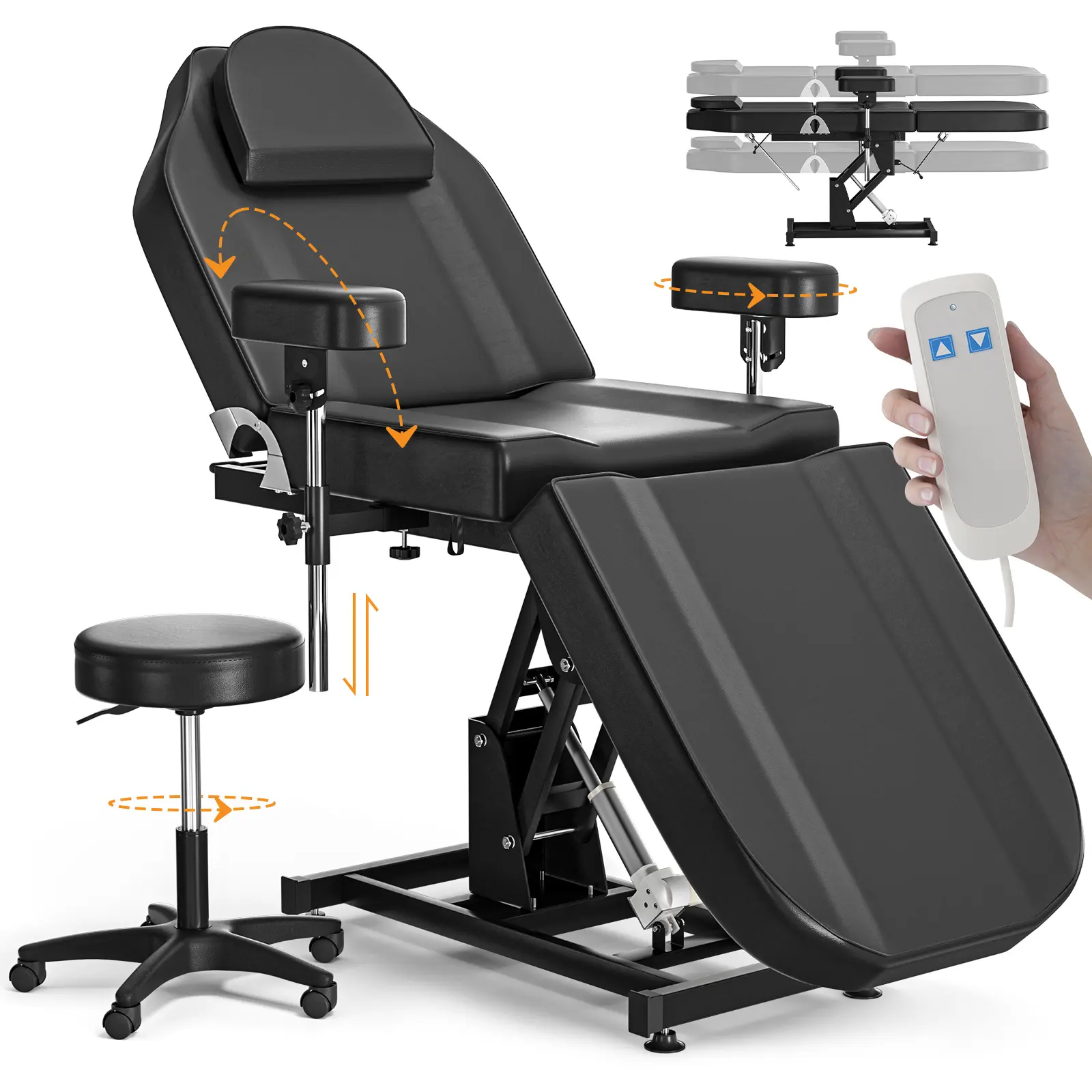 Sturdy Metal Glam Electric Height-Adjustable Leather Barber Chair Set with Massages, Remote-Adjust Lift, Removable Armrests/Headrest, Facial Breathing Hole, 360° Swivel Rolling Stool (20.1"-33.5" Range) for Tattoo Artists, Salon Use