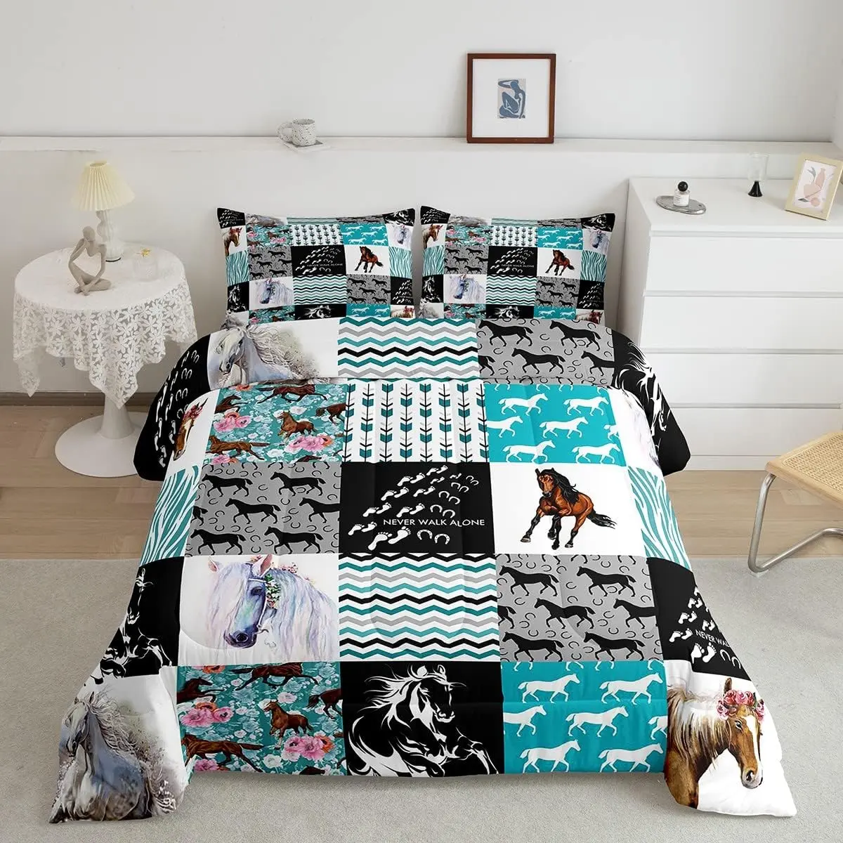 Feelyou Horse Bedding Comforter Duvet Set - Western Farmhouse, Boho Arrow, Teal Zebra Stripe, Rose Flower, Rustic Cowboy Design for Girls, Bedroom Bedding, Decorative Bedding, Bedroom Bedding Set, Decorative Bedding Set