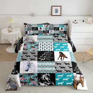 Horse Bedding,Western Farmhouse Horse Comforter Set for Girls,Boho Arrow Teal Zebra Stripe Comforter,Rose Flower Rustic Cowboy Quilt Duvet Sets