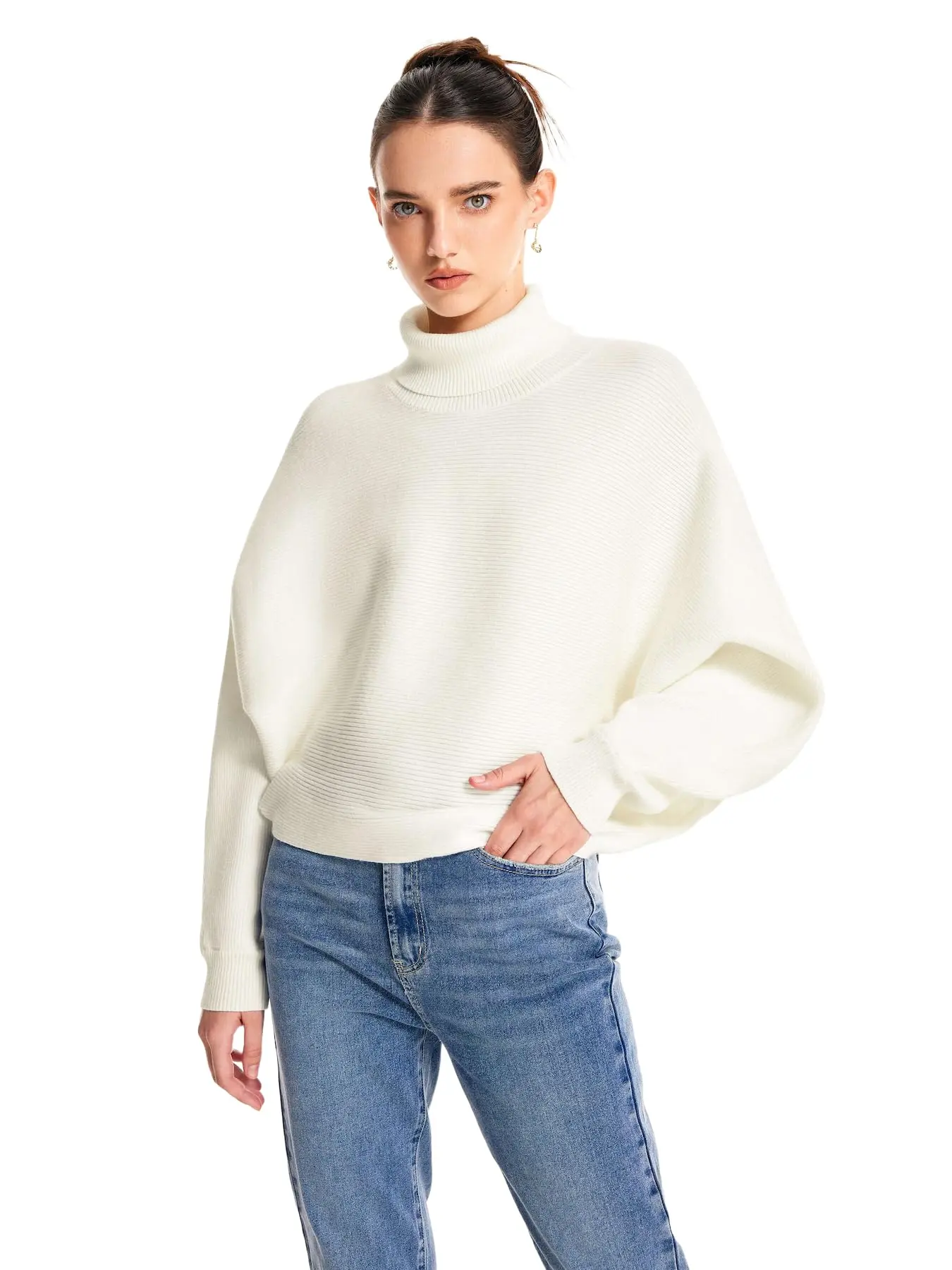 Minimalist Turtleneck Sweater for Women, Chic Essential Long Sleeve Top in a High-Stretch Viscose Blend Knit, Polyester