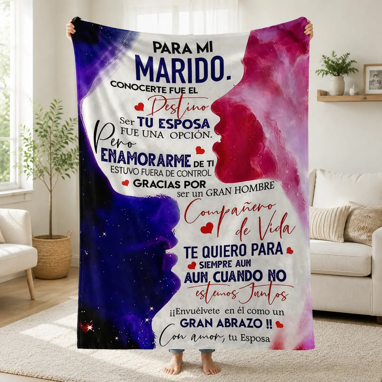 Purple Pink Galaxy Couple Silhouette Spanish Love Message Throw Blanket Soft Flannel Cozy Blanket Romantic Gift for Husband from Wife