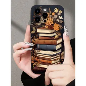 Stacked Books & Floral Pattern Design Theme Luxury Cute Phone Protrusion , With For IPhone 16/16Plus/16Pro/16ProMax, 15,14, 13, 12, 11 Series,Gift For Easter Day, Christmas Halloween Decoration/Gift For Birthday, Girlfriend, Boyfriend, Friend Or Yourself.