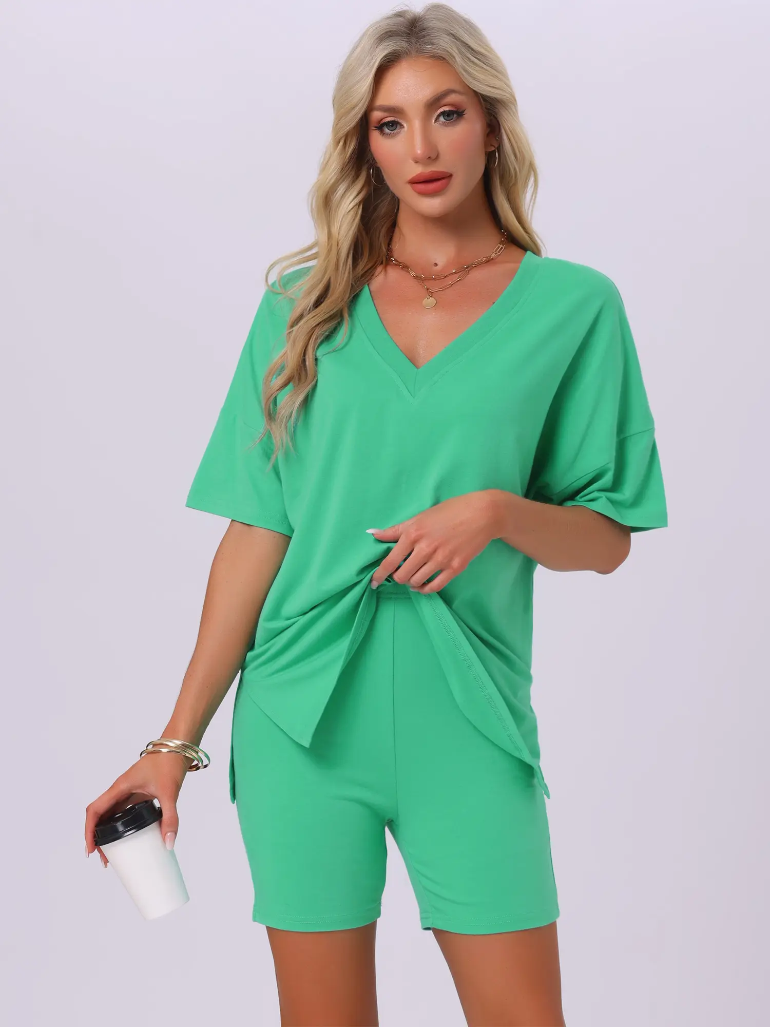 INSPIRE CHIC Women's Pajamas 2 Piece Oversized V Neck Workout Reversible Tracksuit T-Shirts Tops Biker Shorts Lounge Set