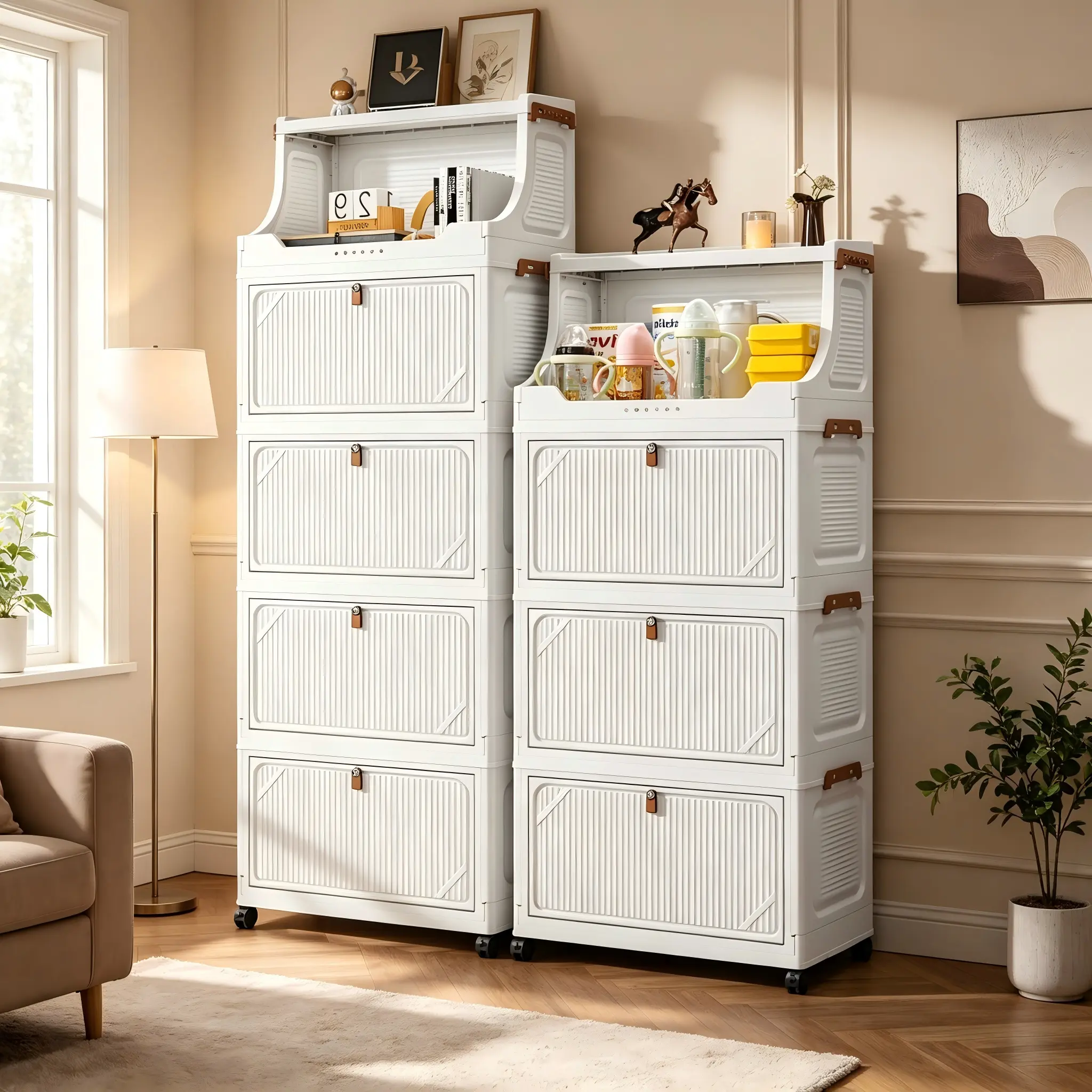 216QT Large Capacity Storage Cabinet, Stackable Collapsible Plastic Storage Organizer Box, Movable with Wheels and Doors, Easy Assembly Space-Saving Multipurpose Storage Container for Pantry, Closet, Bedroom and Living Room