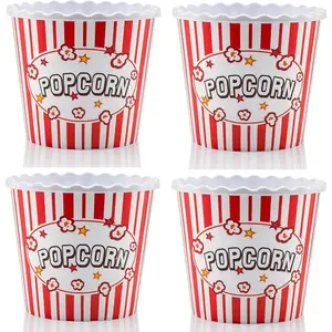 Reusable Plastic Popcorn Box Containers Bowls Set for Movie Theater Night BPA Free Red/White 4 Pack 75 oz