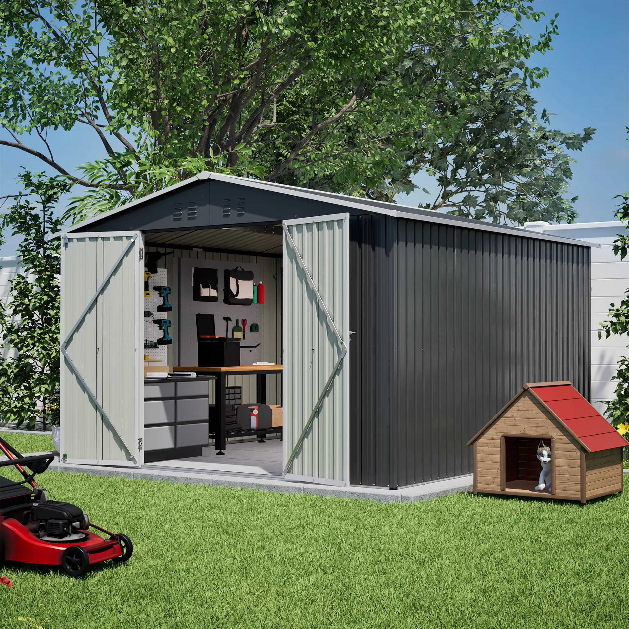 10x10 FT Heavy Duty Metal Storage Shed with Lockable Doors | Galvanized Steel Outdoor Garden Tool Shed | Weatherproof Utility Shed for Backyard, Patio, Lawn, Yard | Secure Storage for Bikes, Lawn Mower, Garden Tools