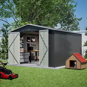 10x10 FT Heavy Duty Metal Storage Shed with Lockable Doors | Galvanized Steel Outdoor Garden Tool Shed | Weatherproof Utility Shed for Backyard, Patio, Lawn, Yard | Secure Storage for Bikes, Lawn Mower, Garden Tools
