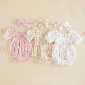 Imcute Infant Baby Girl 2Pcs Summer Outfits Short Sleeve Smocked Romper with Headband Set Newborn Bow Onesie Bodysuit Clothes