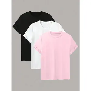 3-PackCasualSolidColorRoundShortSleeveT-ShirtsWomen-SoftPolyesterFabric,MachineWashable,Black,White,Pink-PerfectSpring,Summer,andAutumn,Women'sT-Shirts