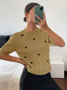 Women's Heart Embroidery Knit Top, Sweet Style Half Sleeve Round Neck Sweater, Casual Spring Summer Daily Wear