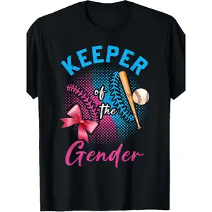 1pc Gender Reveal Party T-Shirt - Keeper of The Gender Baseball & Bows Graphic Print, 220gsm Heavyweight 100%, Soft Breathable Unisex Crew Neck Tee for Showers, & Announcements, Sizes S-XXXL (Black with Pink & Blue Lettering) - Gender Neutral Gift I