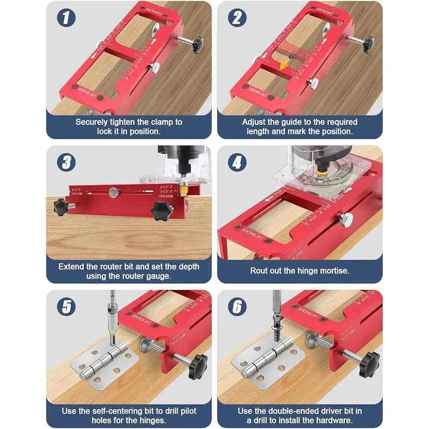 Door Hinge Jig & Lock Installation Kit – Aluminum Alloy Router Template For Hinge Mortising (2.5 To 5 Inch, Square/1/4/5/8 Radius) – Includes Hole Saw, Drill Bits, Router Bit & Drivers