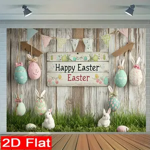 （JIT)1PC, Happy Easter Bow Easter Egg and White Rabbit 2D flat photography background cloth and party banners, suitable for New Year celebrations, holiday parties, home photography, garden decoration backgrounds