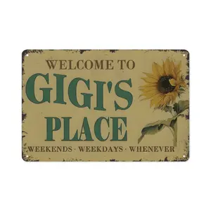 Welcome to Gigis Place Sunflower Sign – Vintage Rustic Farmhouse Decor – 12x8 Inch Metal Sign for Kitchen, Garden, Porch or Home Wall Art