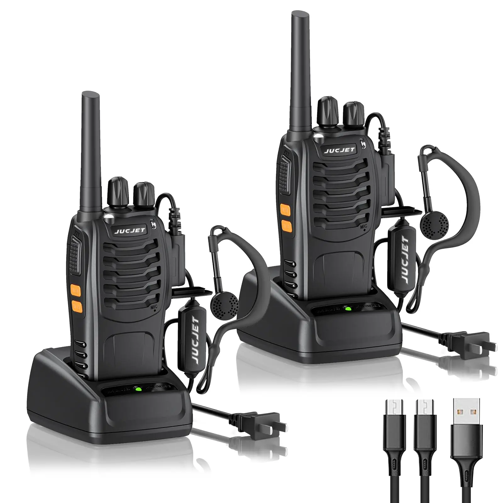 2-Pack Rechargeable Walkie Talkies, 16-Channel UHF Handheld Transceivers with Original Earpieces, 2-in-1 Type-C Charging Cable, Charging Station, Clear Audio, Portable Speaker & Safety Plug Buttons