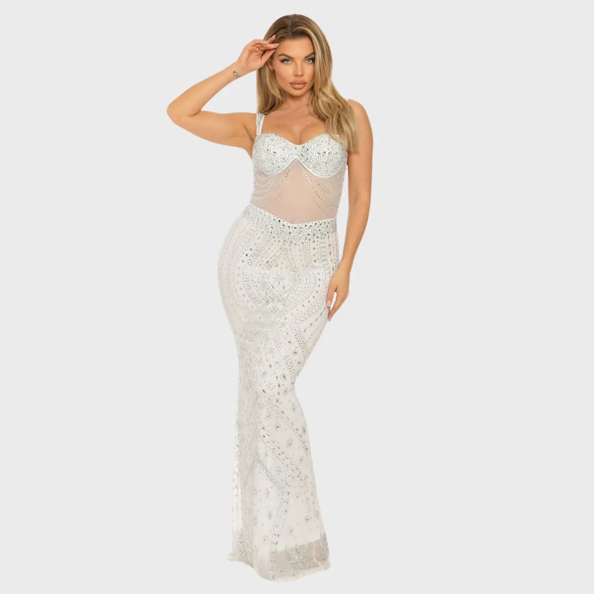 La Belle Rhinestone Mesh Corset Maxi Dress – Black & Whit