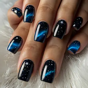 24 pieces of medium to long European square nail art with blue halo star pattern, fake nail patch, wearable nail, Handmade Press On