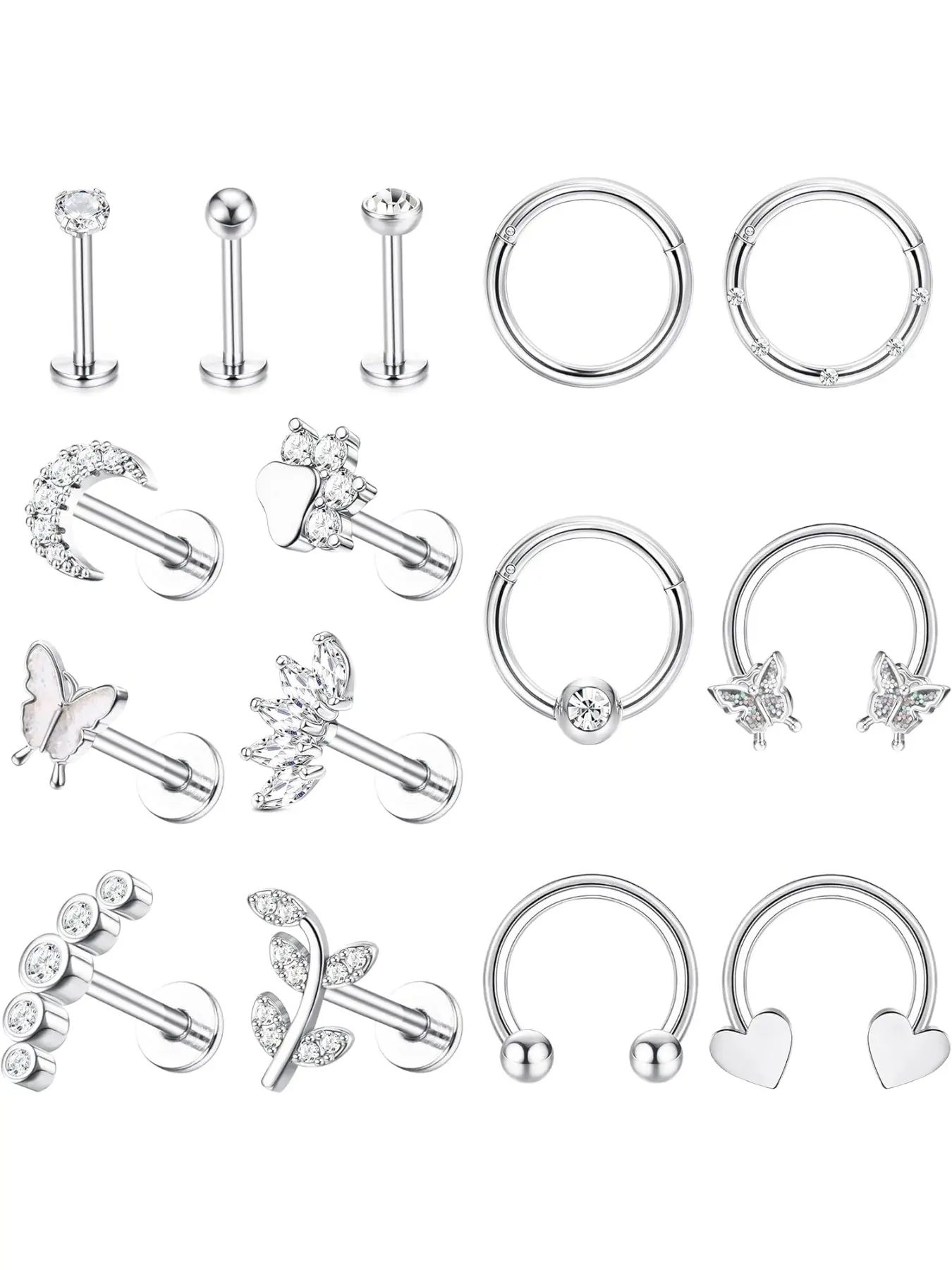 15Pcs Tragus Piercing Ear Set Surgical Steel Earrings Creole Gold/Silver for Women Men Hypoallergenic Helix Conch Labret Rook Nose Piercing Ring Jewelry Piercings Kits