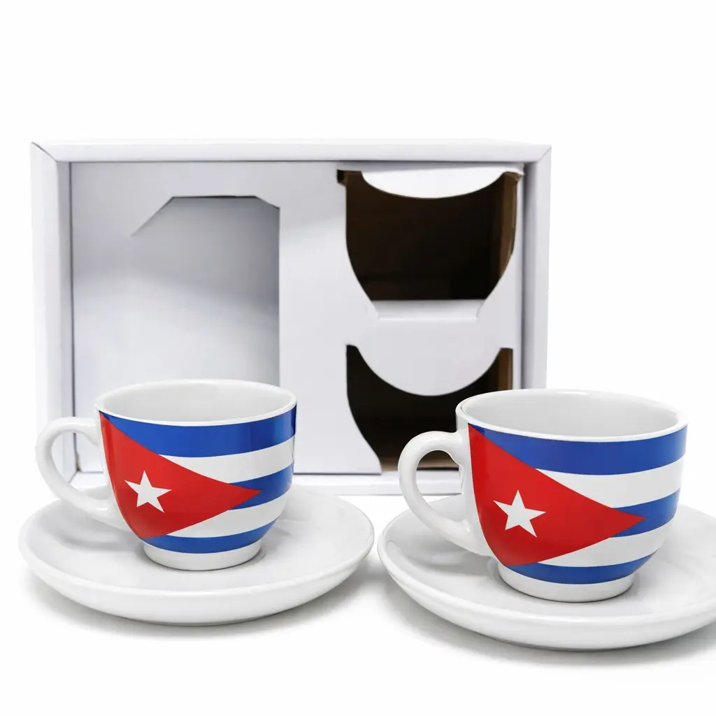 Cuban Flag Print Ceramic Espresso Cup and Saucer Set - Reusable Coffee Cups, Gift-Ready Boxed Kitchen Drinkware, Espresso Cups