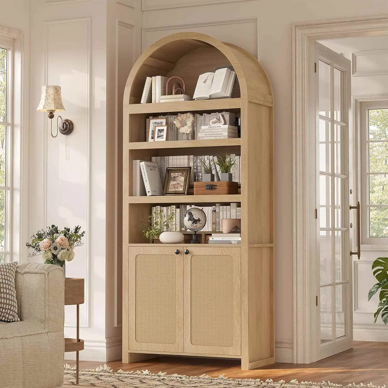 Sikaic Tall Arched 6 Tier Bookcase with Door, Oak Display Shelf Furniture for Living Room and Bedroom Storage