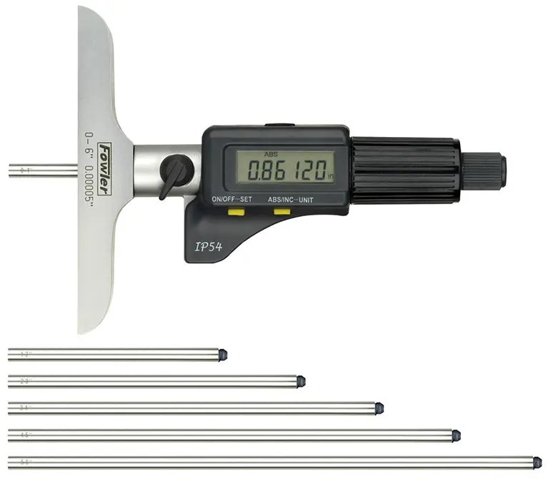 IP54 Rated Digital Depth Micrometer (FOW-54-225-456) - 0 - 6 In./150 Mm Range, Precision-Ground Hardened Tool Steel, Large LCD Display, Auto Off, Depth Meas., Automotive Car Repair Diagnostic Tool