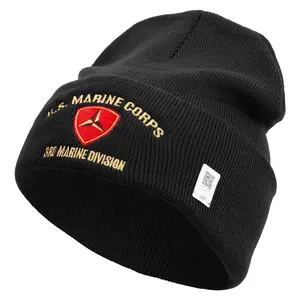 U.S. Marine Corps 3rd Marine Division logo Embroidered 12 Inch Solid Knit Cuff Long Beanie Made in USA