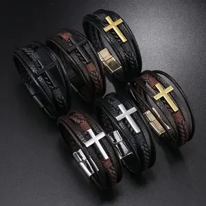 Fashion Magnetic Buckle Woven PU Leather Bracelet Cross Simple Business Style Bracelet Men's Versatile Bangle